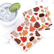 Kawaii autumn leaves and pumpkin spice latte love illustration pattern