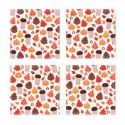 Kawaii autumn leaves and pumpkin spice latte love illustration pattern