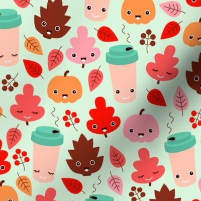 Kawaii autumn leaves and pumpkin spice latte love illustration pattern girls pink