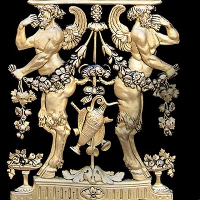 satyrs sun rays goddess flowers floral wreath leaves rams goats horns wings naked men muscular strong man pipes music baroque gold black victorian beards bearded pan bows vases shields swags fantasy myths mythical folk fairy tales  masculine neoclassical 