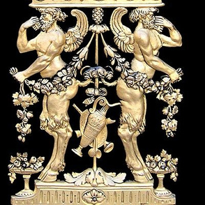 satyrs sun rays goddess flowers floral wreath leaves rams goats horns wings naked men muscular strong man pipes music baroque gold black victorian beards bearded pan bows vases shields swags fantasy myths mythical folk fairy tales  masculine neoclassical 