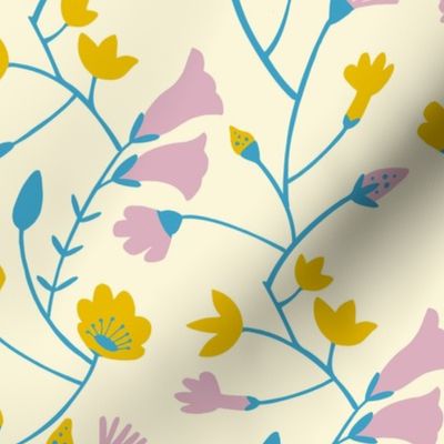 Botanical pattern in blue, yellow and pink