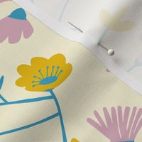 Botanical pattern in blue, yellow and pink