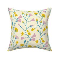 Botanical pattern in blue, yellow and pink