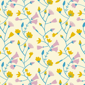 Botanical pattern in blue, yellow and pink