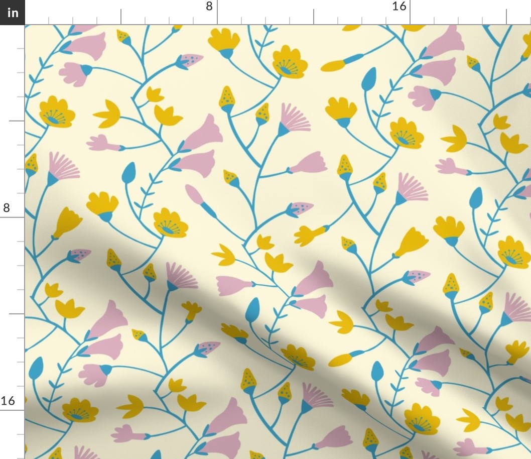 Botanical pattern in blue, yellow and pink