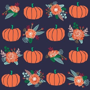 pumpkin florals fabric fall autumn pumpkin spice vibes - navy