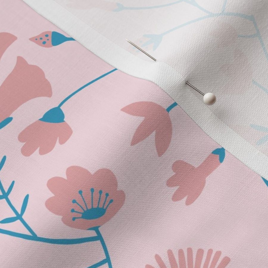 Botanical pattern in blue and pink tones