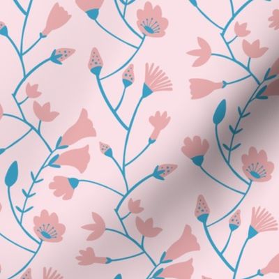 Botanical pattern in blue and pink tones