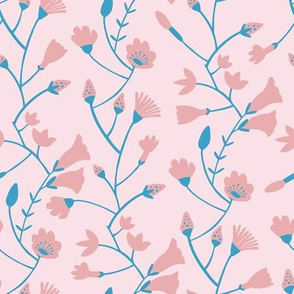 Botanical pattern in blue and pink tones