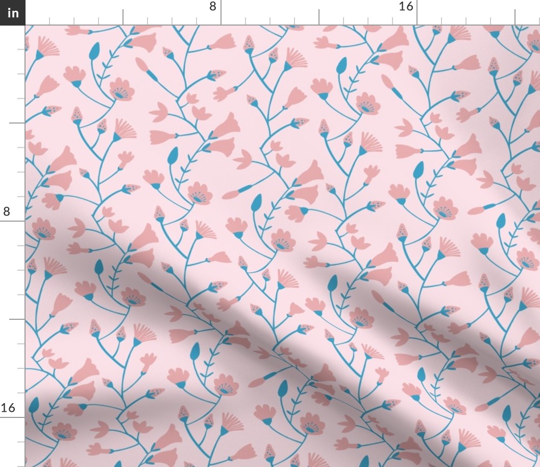 Botanical pattern in blue and pink tones