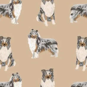 blue merle collie fabric dog dogs design - cute dog fabric- khaki