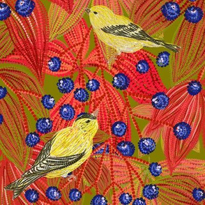 Goldfinches on Wild Grapes olive
