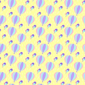Balloons fly away on a yellow rainy sky