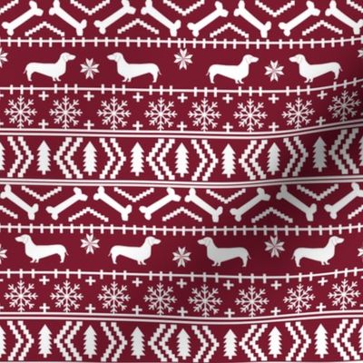 Dachshund fair isle christmas fabric dog breed doxie dachsie pattern maroon