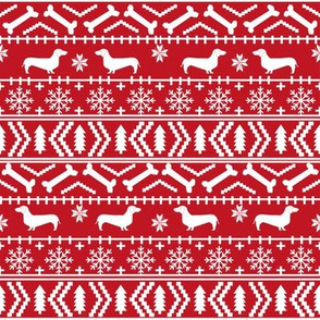 Dachshund fair isle christmas fabric dog breed doxie dachsie pattern red