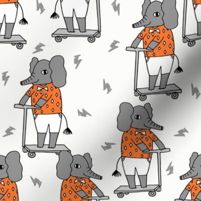 elephant scooter fabric // kids illustration elephant character boys design - orange