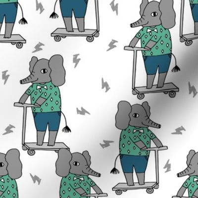 elephant scooter fabric // kids illustration elephant character boys design - blue and green