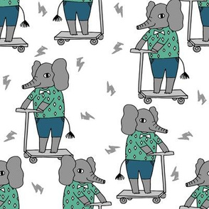elephant scooter fabric // kids illustration elephant character boys design - blue and green