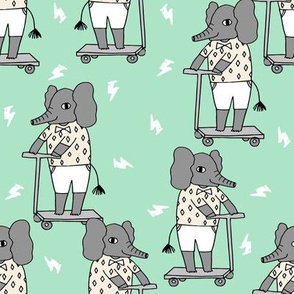 elephant scooter fabric // kids illustration elephant character boys design - mint and grey