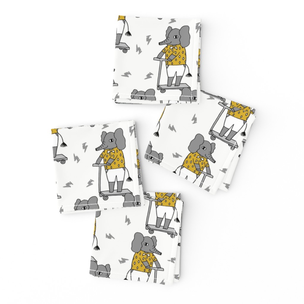 elephant scooter fabric // kids illustration elephant character boys design - mustard