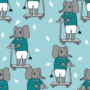 elephant scooter fabric // kids illustration elephant character boys design - blue