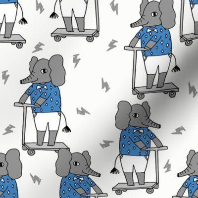 elephant scooter fabric // kids illustration elephant character boys design - blue and white