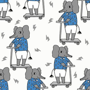 elephant scooter fabric // kids illustration elephant character boys design - blue and white