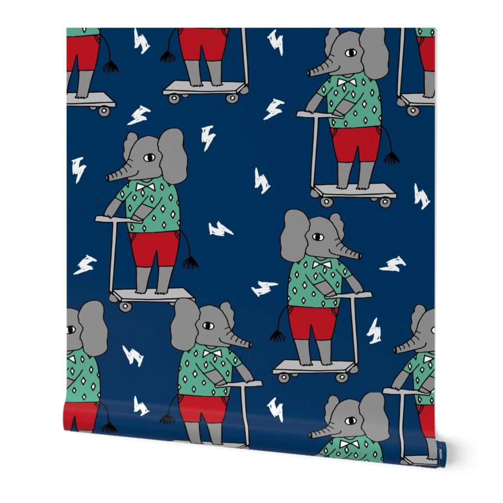 elephant scooter fabric // kids illustration elephant character boys design - navy