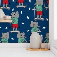 elephant scooter fabric // kids illustration elephant character boys design - navy