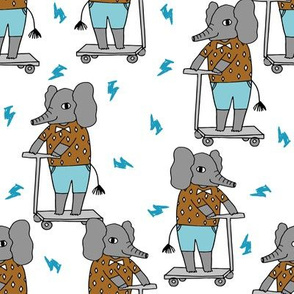 elephant scooter fabric // kids illustration elephant character boys design - blue and ochre