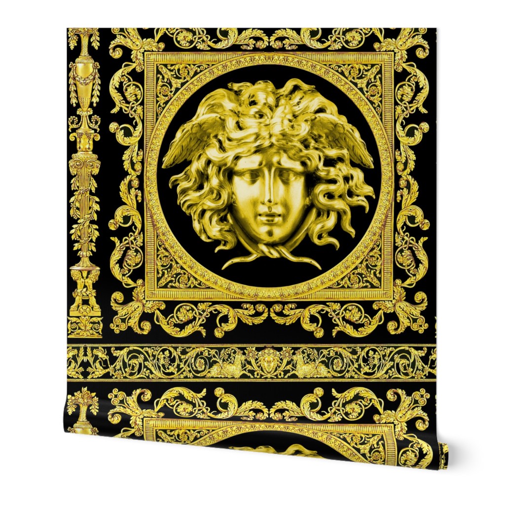 3 baroque rococo black gold flowers floral leaves leaf ivy vines acanthus medusa vases goats horn of plenty hoof Victorian gorgons Greek Greece mythology filigree swirls scrolls Cornucopia columns   inspired   