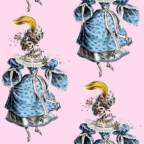 2 skulls skeletons Victorian elegant gothic lolita Baroque Rococo flowers floral roses blue pink morbid scary macabre egl ringlets wreaths  gowns bows ballgowns