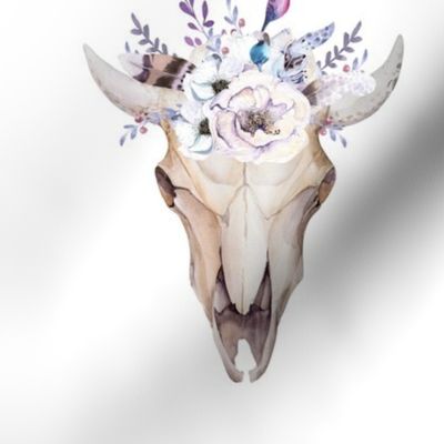 Watercolor Cow Skull and Flowers