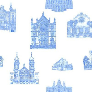 Synagogue Toile de Jouy, Blue on White