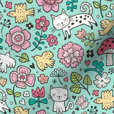 Cats Birds & Flowers Spring Doodle on Mint Green