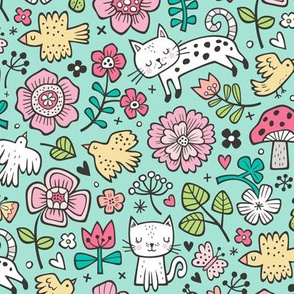 Cats Birds & Flowers Spring Doodle on Mint Green