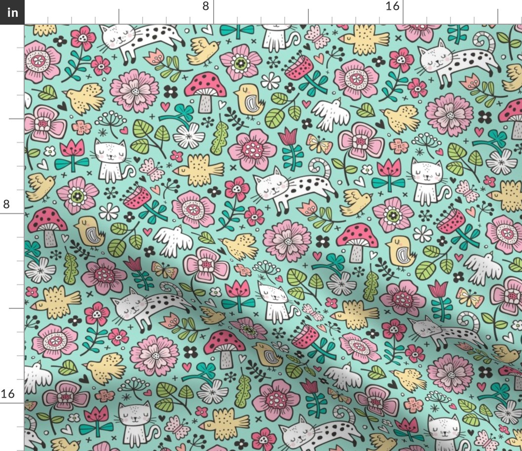 Cats Birds & Flowers Spring Doodle on Mint Green