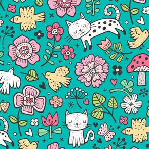 Cats Birds & Flowers Spring Doodle on Green