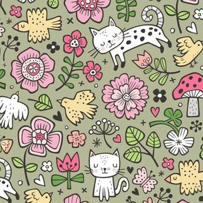 Cats Birds & Flowers Spring Doodle on Olive Green