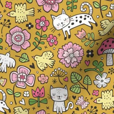 Cats Birds & Flowers Spring Doodle on Mustard Yellow