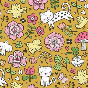 Cats Birds & Flowers Spring Doodle on Mustard Yellow