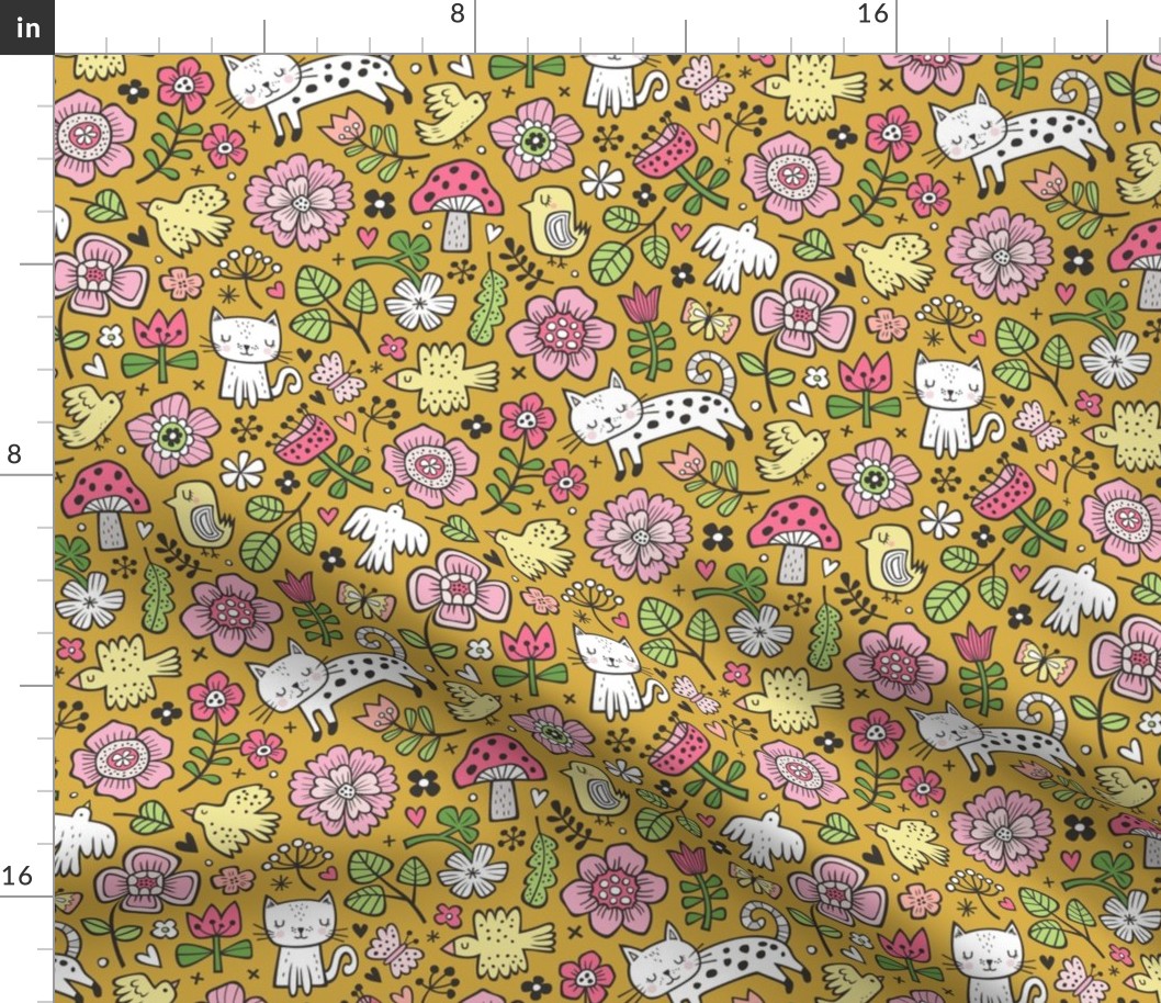 Cats Birds & Flowers Spring Doodle on Mustard Yellow