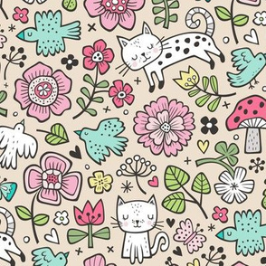 Cats Birds & Flowers Spring Doodle on Sand