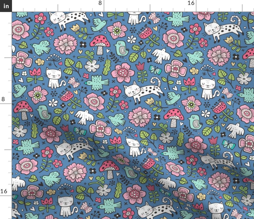 Cats Birds & Flowers Spring Doodle on Dark Blue Navy