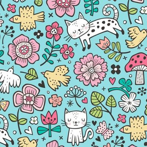 Cats Birds & Flowers Spring Doodle on Blue