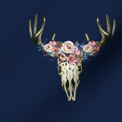 Floral Deer Skull on Navy