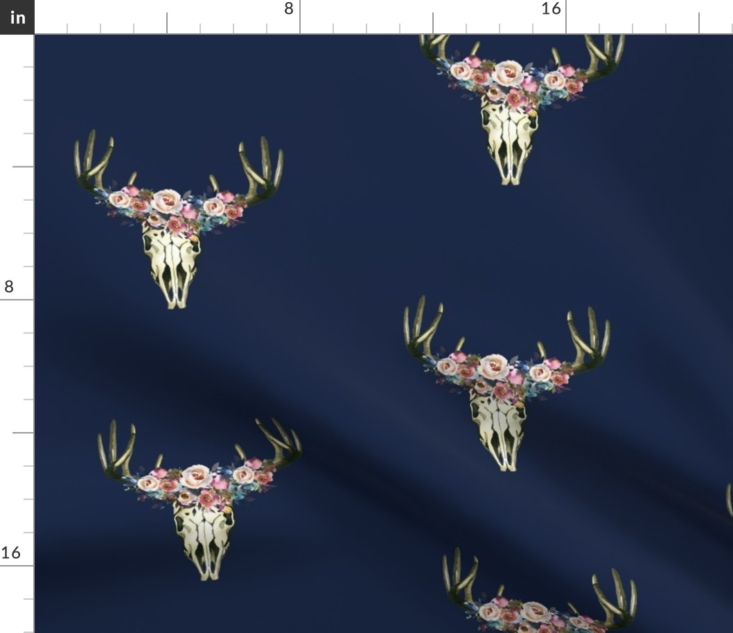 Floral Deer Skull on Navy