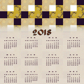 Mustard floral check tiles tea towel calendar 2018