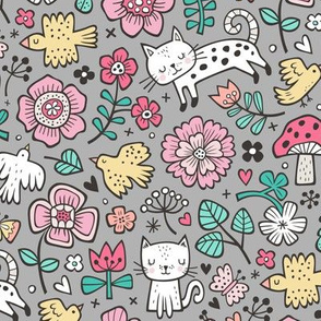 Cats Birds & Flowers Spring Doodle on Grey